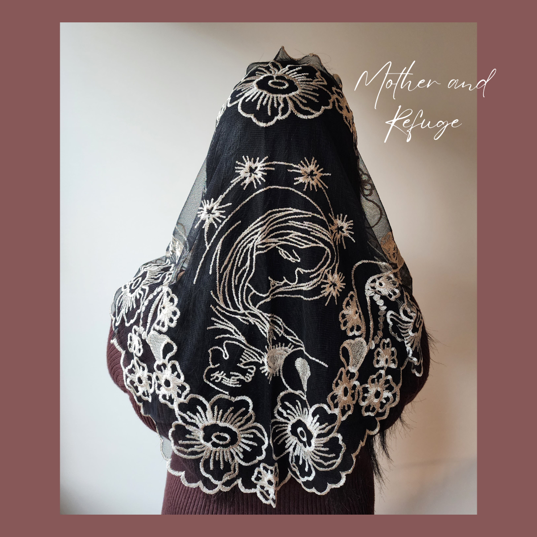 Mother and Refuge Veil – Embroidered Catholic Mantilla of Our Blessed Mother | Devotional Lace Chapel Veil