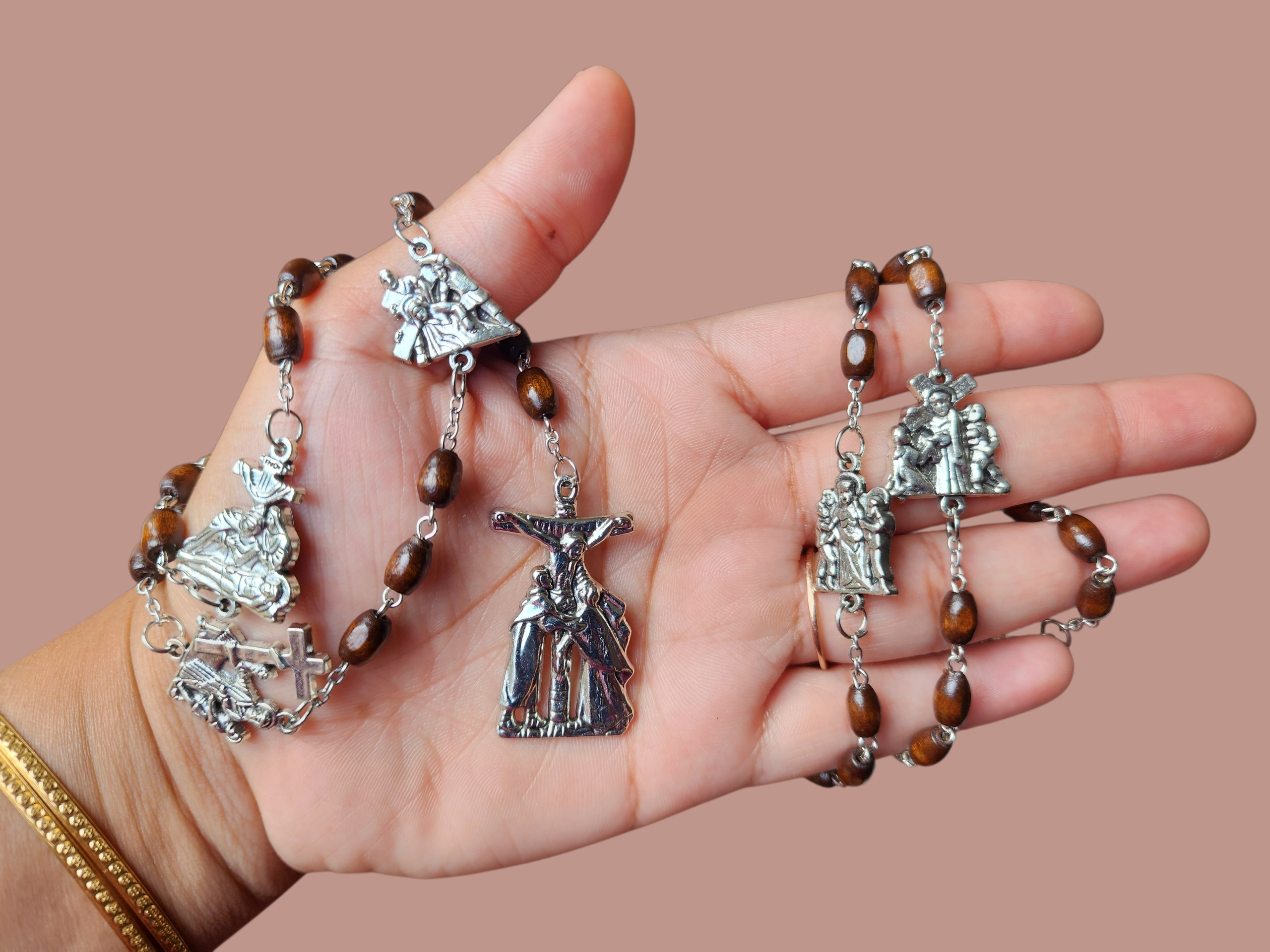 Handcrafted Wooden Bead Stations of the Cross Rosary Chaplet – Passion of Christ Devotional with Jute Pouch