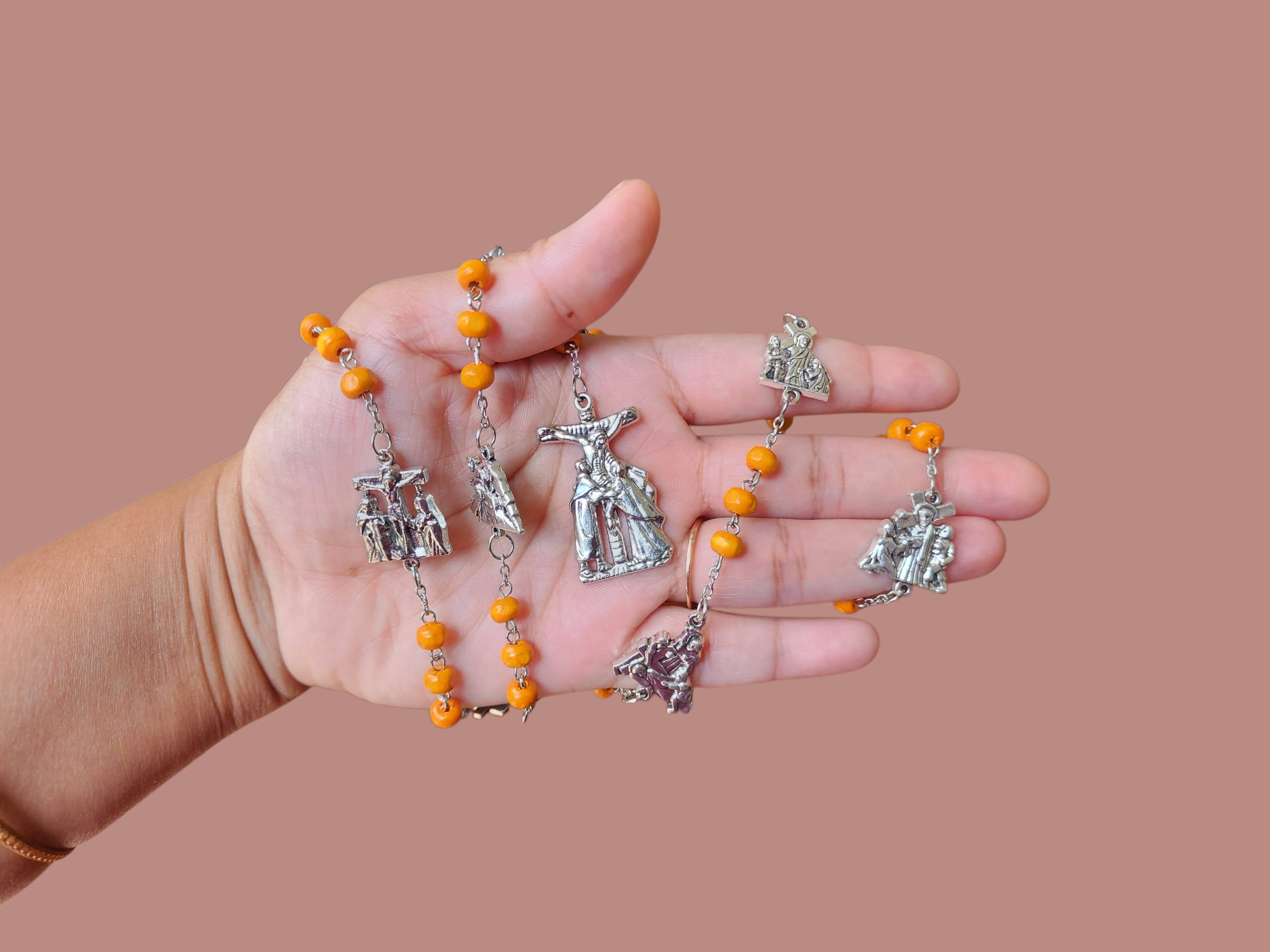 Handcrafted Wooden Bead Stations of the Cross Rosary Chaplet – Passion of Christ Devotional with Jute Pouch