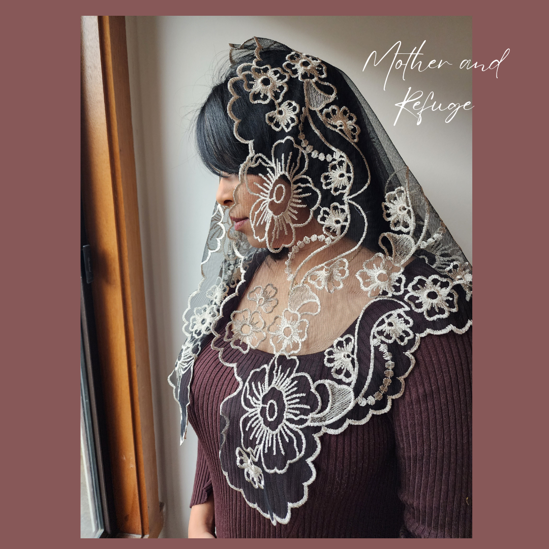 Mother and Refuge Veil – Embroidered Catholic Mantilla of Our Blessed Mother | Devotional Lace Chapel Veil