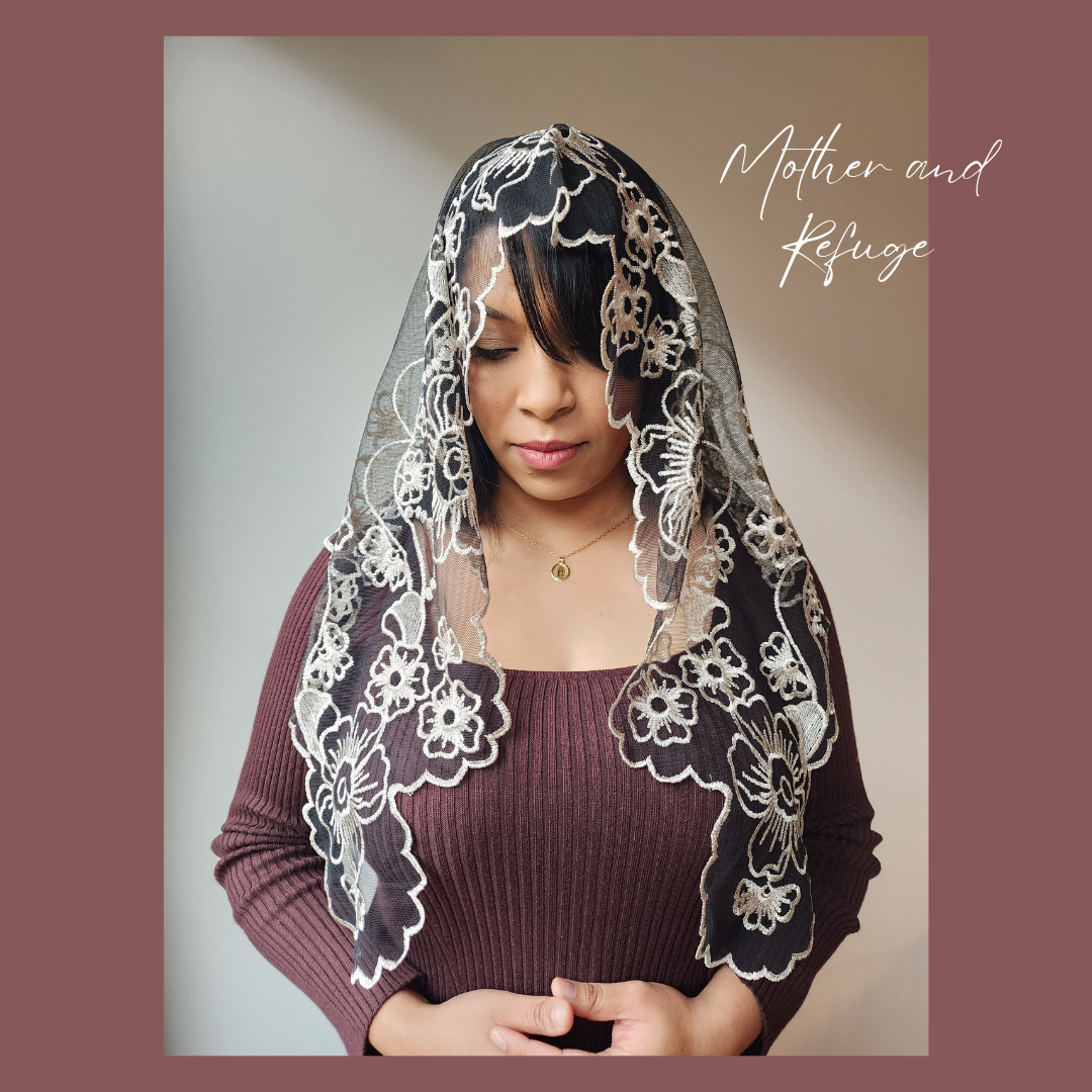 Mother and Refuge Veil – Embroidered Catholic Mantilla of Our Blessed Mother | Devotional Lace Chapel Veil