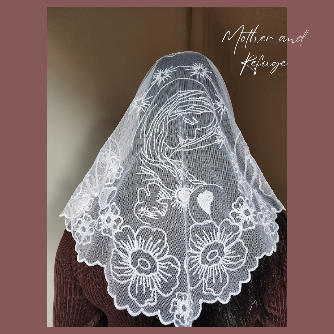 Mother and Refuge Veil – Embroidered Catholic Mantilla of Our Blessed Mother | Devotional Lace Chapel Veil