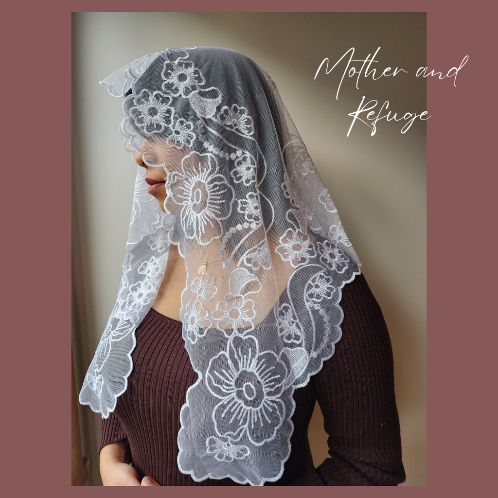 Mother and Refuge Veil – Embroidered Catholic Mantilla of Our Blessed Mother | Devotional Lace Chapel Veil