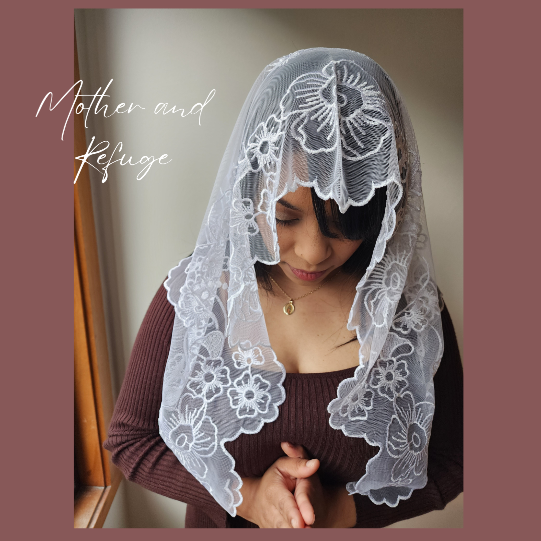 Mother and Refuge Veil – Embroidered Catholic Mantilla of Our Blessed Mother | Devotional Lace Chapel Veil