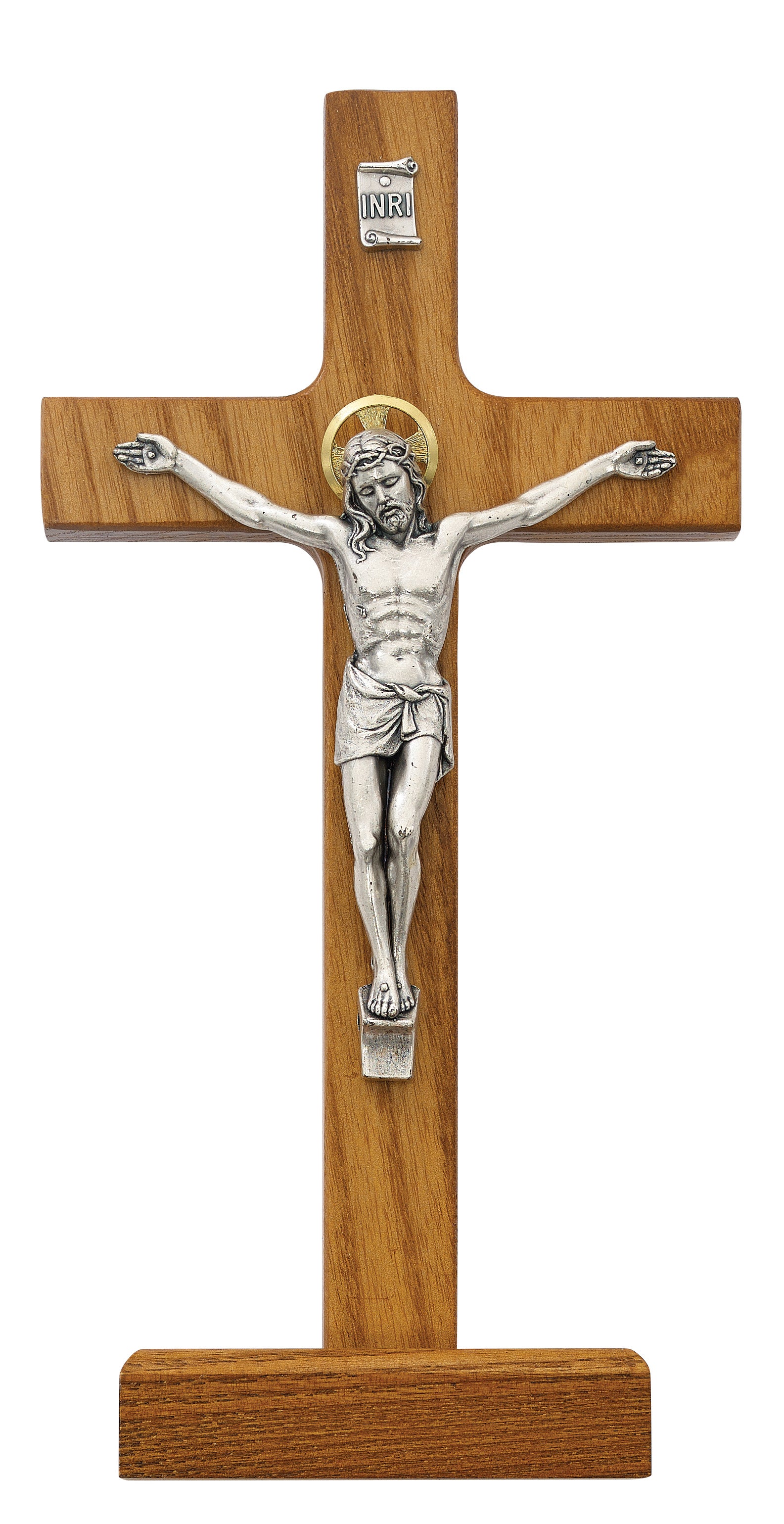Standing Crucifix (8") in Walnut Stained Wood with Italian Corpus and INRI with Silver Corpus Gift Box
