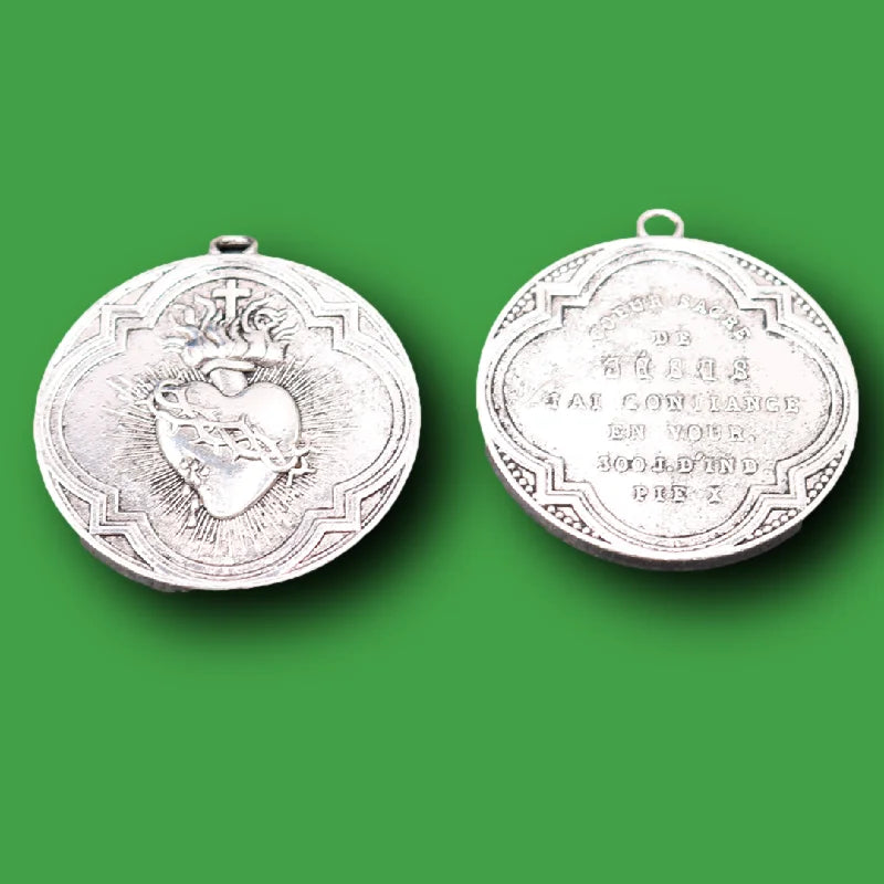 Vintage Sacred Heart of Jesus Medal – 300-Day Indulgence by Pope St. Pius X - Silver Plated Catholic Pendant (2pcs)
