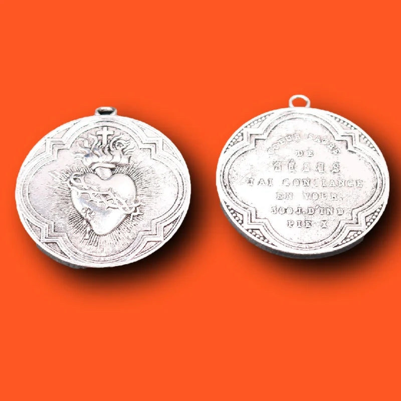 Vintage Sacred Heart of Jesus Medal – 300-Day Indulgence by Pope St. Pius X - Silver Plated Catholic Pendant (2pcs)
