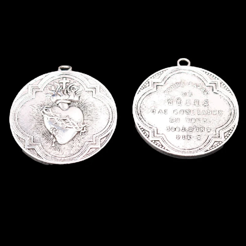 Vintage Sacred Heart of Jesus Medal – 300-Day Indulgence by Pope St. Pius X - Silver Plated Catholic Pendant (2pcs)