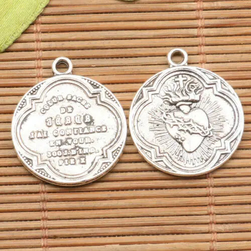 Vintage Sacred Heart of Jesus Medal – 300-Day Indulgence by Pope St. Pius X - Silver Plated Catholic Pendant (2pcs)