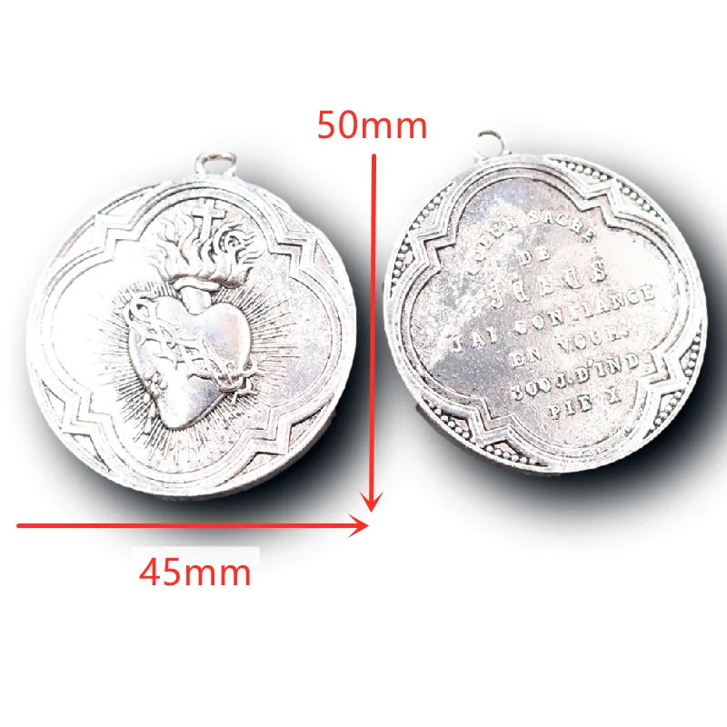 Vintage Sacred Heart of Jesus Medal – 300-Day Indulgence by Pope St. Pius X - Silver Plated Catholic Pendant (2pcs)
