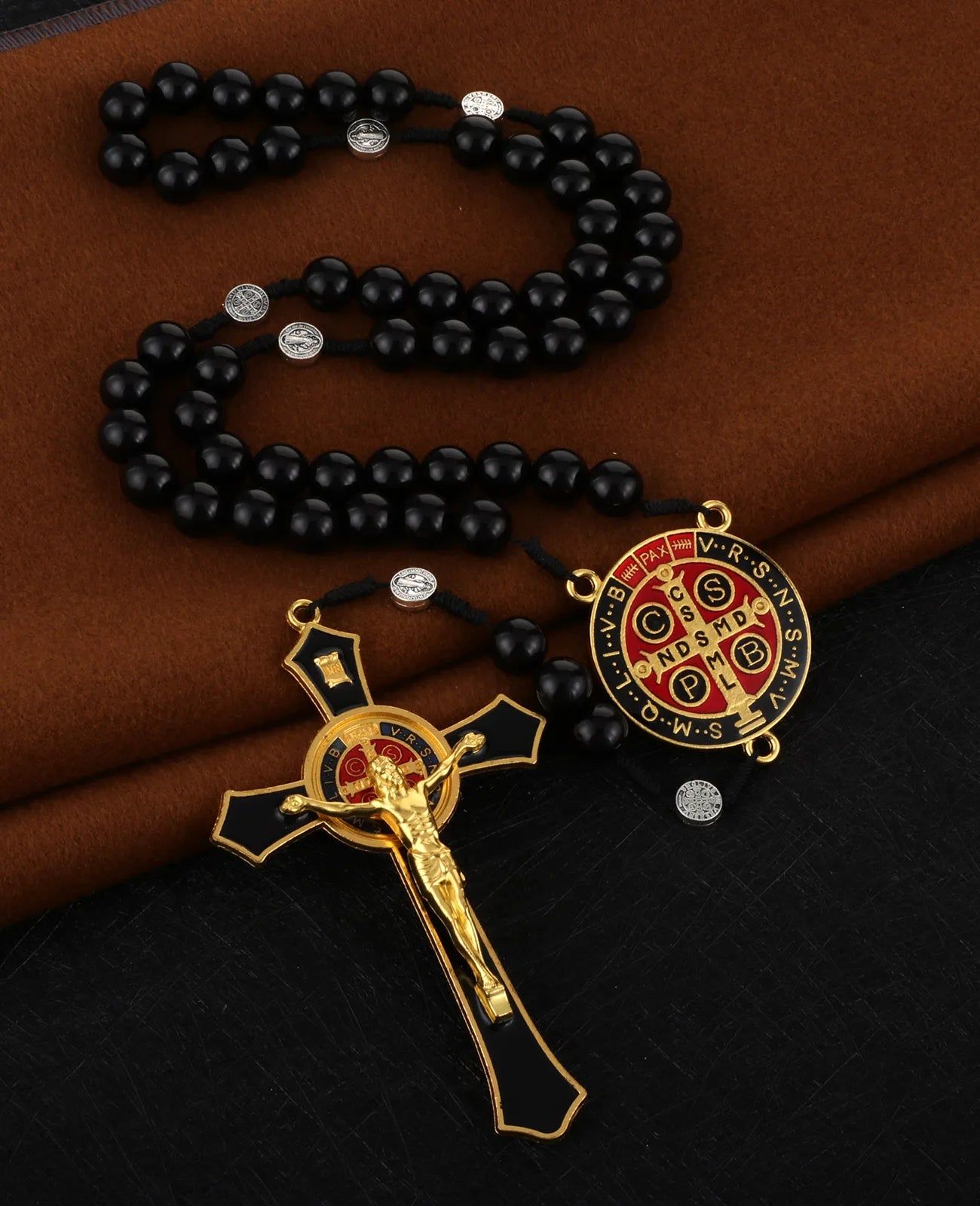 Saint Benedict Exorcism Crucifix Rosary Necklace – Large Cross with 33 Prayer Beads, Unisex Catholic Chaplet (6 Colors)