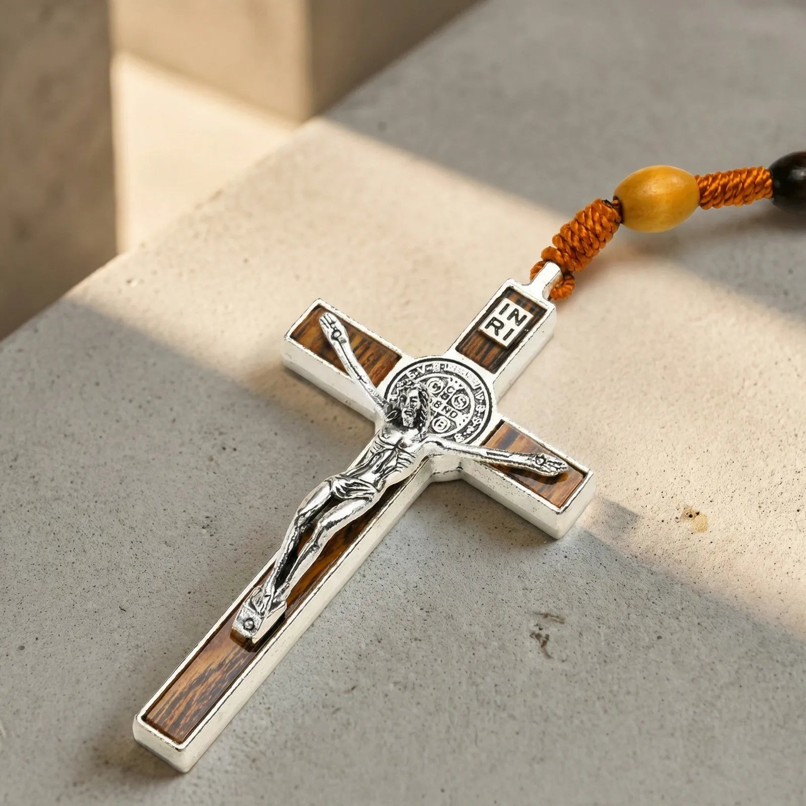 Catholic Wooden Rosary with St Benedict Crucifix – Brown Bead Prayer Necklace