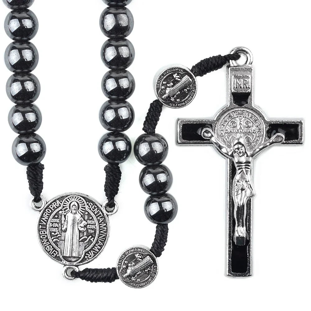 Black Hematite Rosary with Saint Benedict Medal and Crucifix – Catholic Devotional