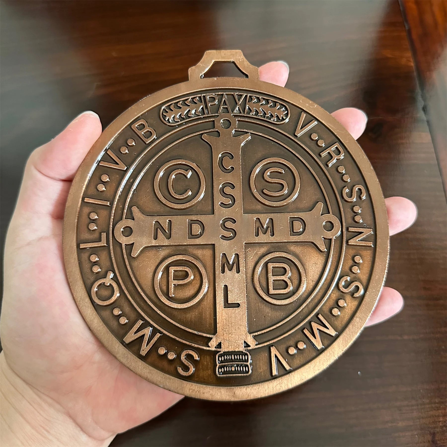 Extra-Large 5″ St. Benedict Cross Medal – Vintage Brass Tone Wall or Desk Display | Medalla de San Benito