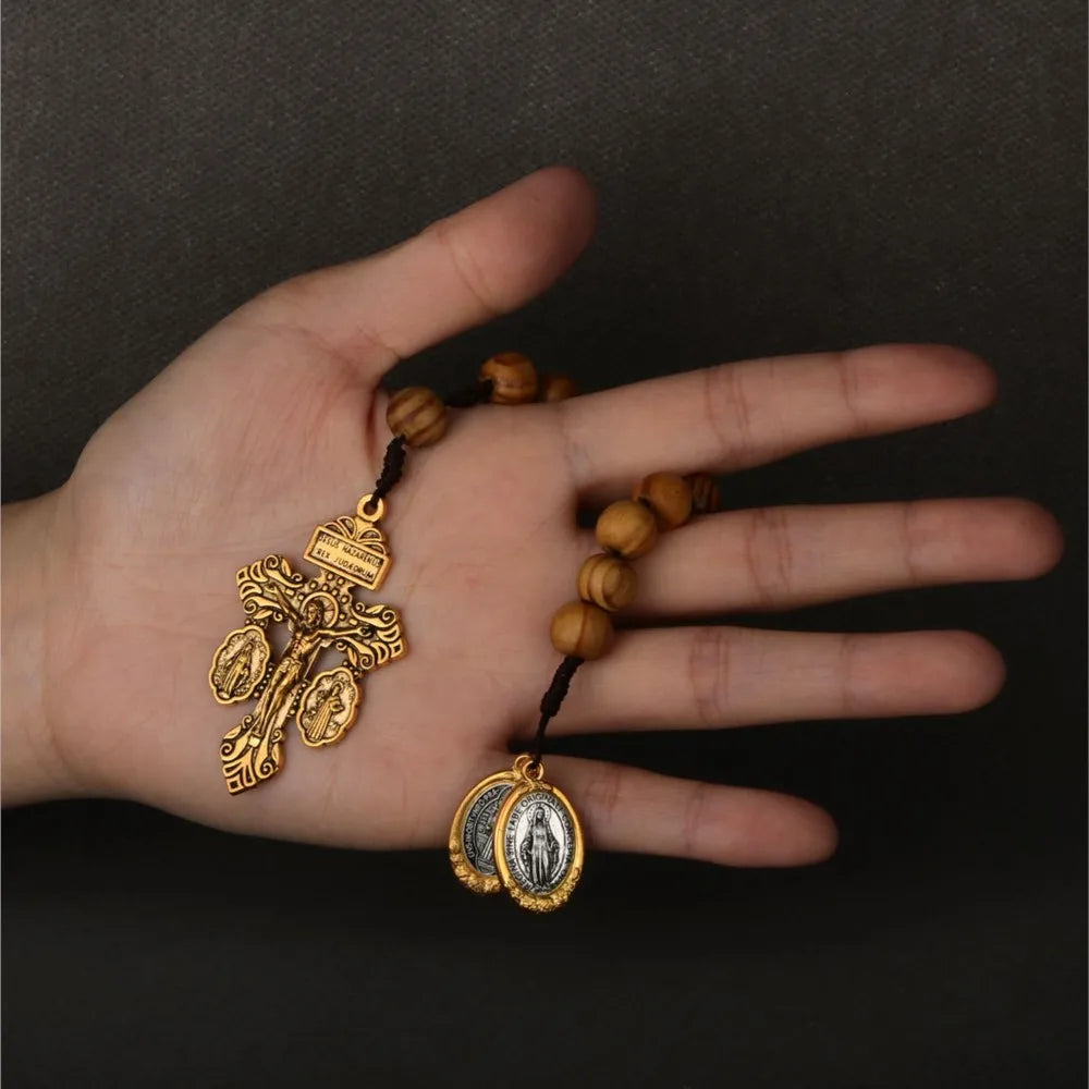St Benedict Medal & Lady of the Miraculous Medal Crucifix Pocket Rosary – One Decade Handmade Wooden Beads Catholic Prayer Rosary Gift