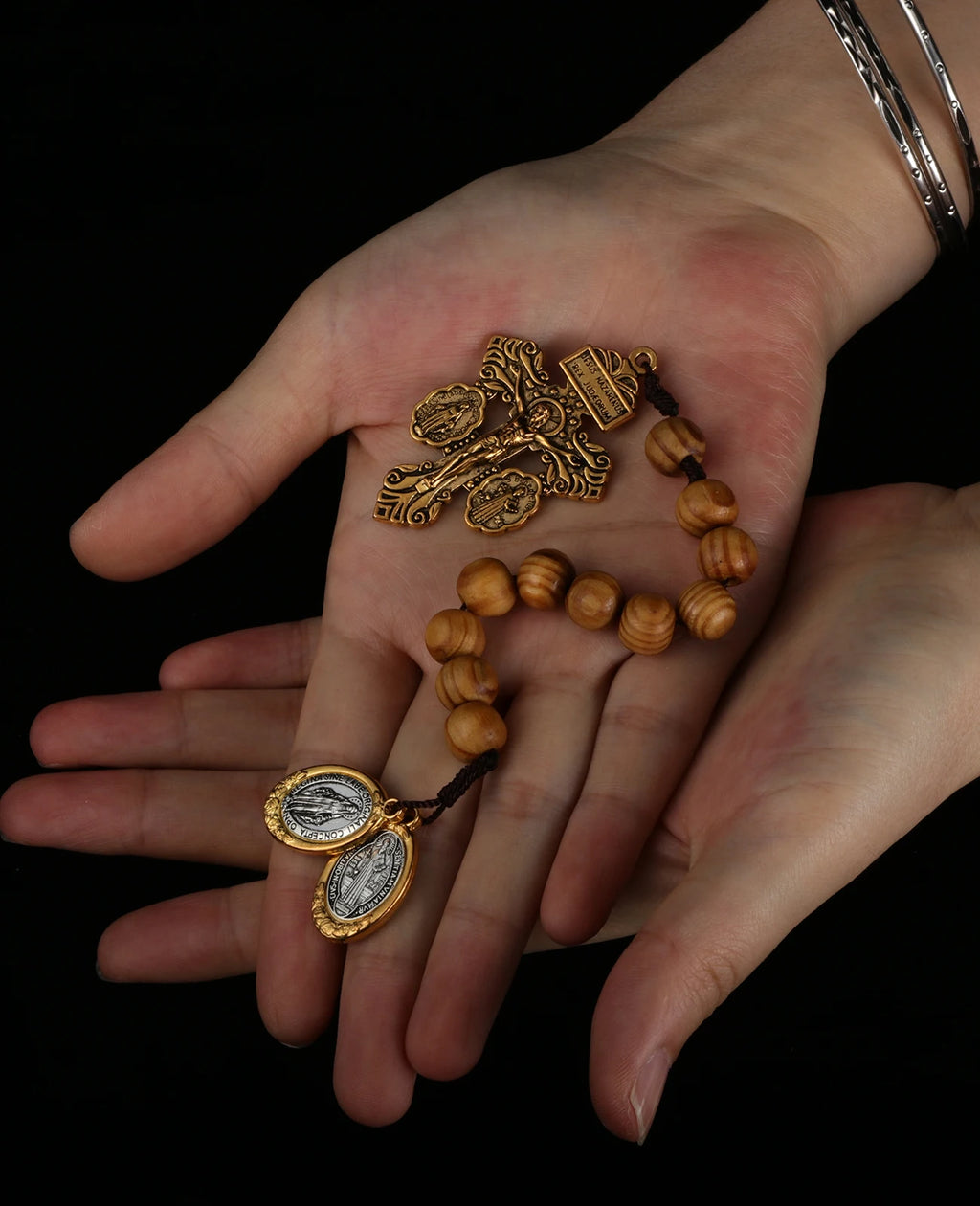 St Benedict Medal & Lady of the Miraculous Medal Crucifix Pocket Rosary – One Decade Handmade Wooden Beads Catholic Prayer Rosary Gift