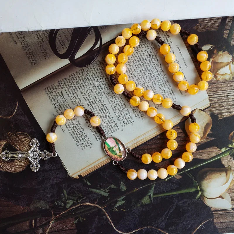 Catholic Virgin Mary Rosary Necklace – Hand Braided Rope Prayer Beads with Cross Pendant, Devotional Rosary Jewelry Gift
