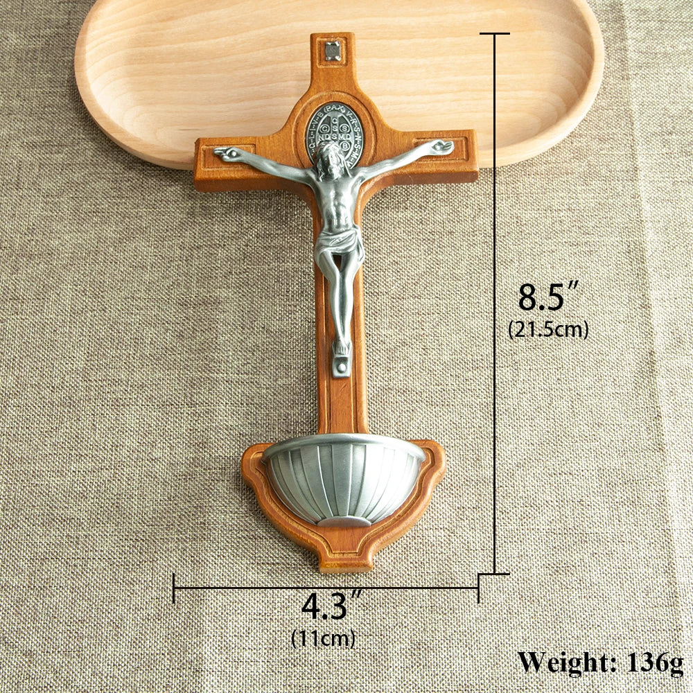 Wooden Catholic Crucifix with Holy Water Font – Jesus Cross for Home Blessing