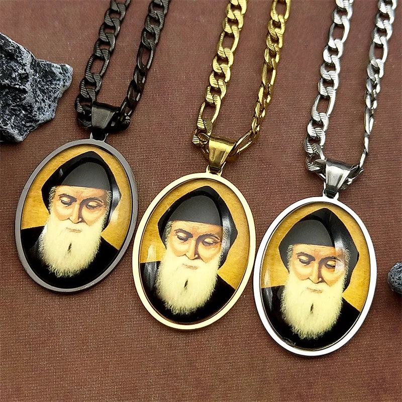 Saint Charbel Glass Medal Pendant Necklace – Gold-Tone Stainless Steel Catholic Protection Image (Unisex)