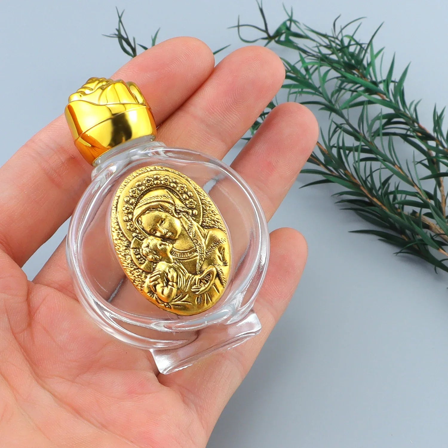 60ml Portable Holy Water Bottle – Gold Glass Catholic Bottle with Saint Michael, St Bendedict, Sacred Heart or Holy Mother