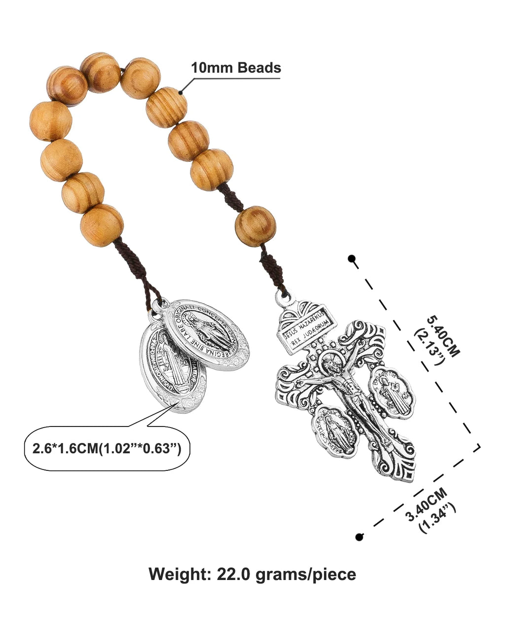 St Benedict Medal & Lady of the Miraculous Medal Crucifix Pocket Rosary – One Decade Handmade Wooden Beads Catholic Prayer Rosary Gift