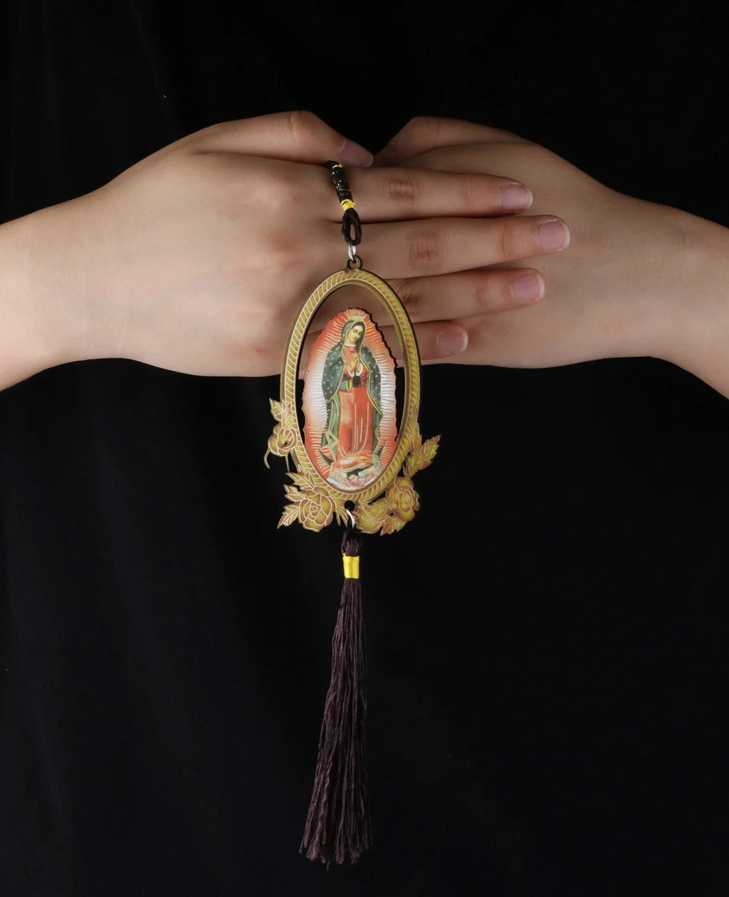 Our Lady of Guadalupe Wooden Pendant with Tassel – Christian Car Hanging Ornament, Keychain & Bag Accessory