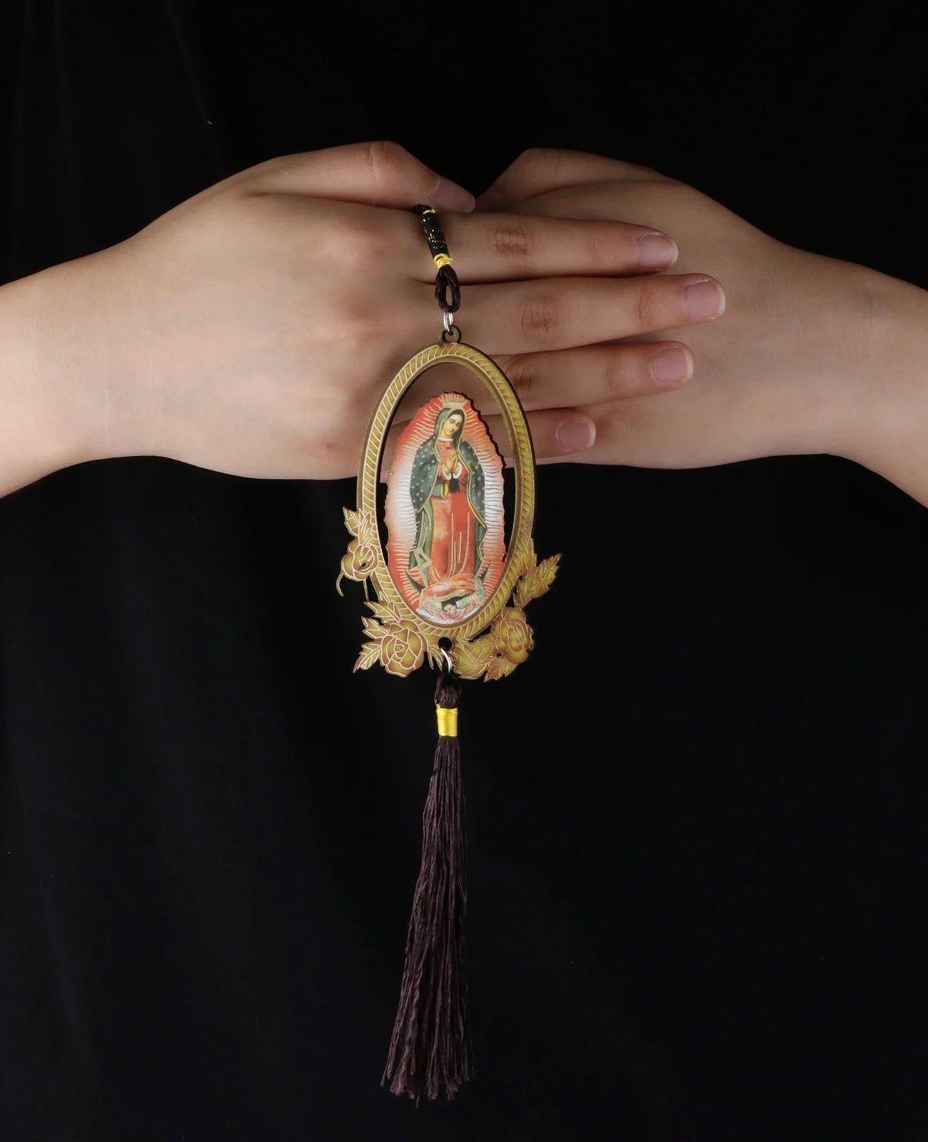 Our Lady of Guadalupe Wooden Pendant with Tassel – Christian Car Hanging Ornament, Keychain & Bag Accessory