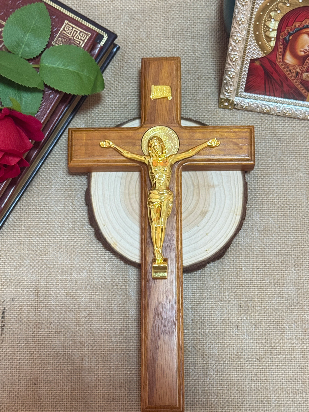 Standing Catholic Crucifix with Gold Jesus Corpus – Wooden Devotional Cross