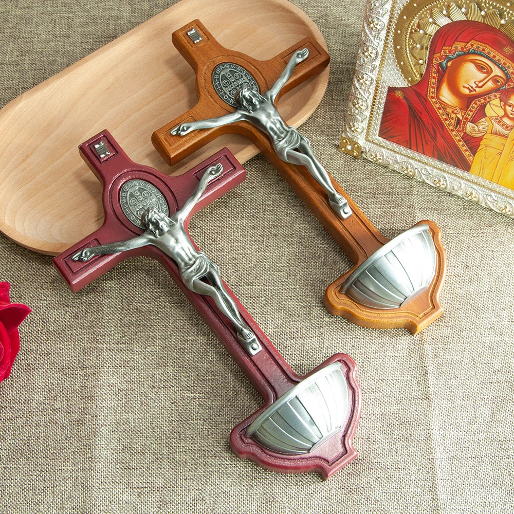 Wooden Catholic Crucifix with Holy Water Font – Jesus Cross for Home Blessing