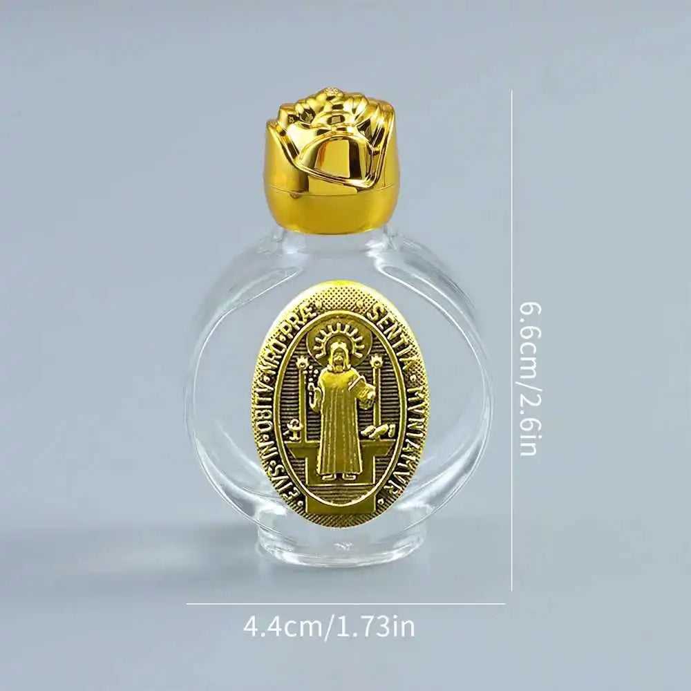 60ml Portable Holy Water Bottle – Gold Glass Catholic Bottle with Saint Michael, St Bendedict, Sacred Heart or Holy Mother