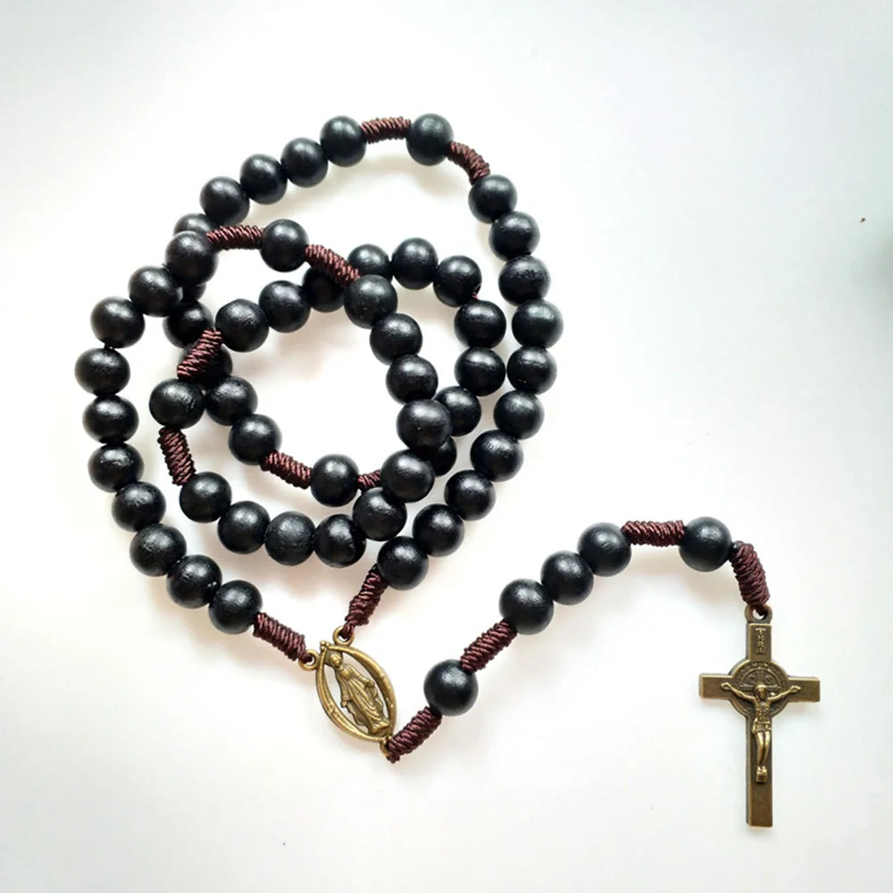 St. Benedict Exorcism Medal Rosary Necklace – Bronze Crucifix & Black Wood Beads Chaplet