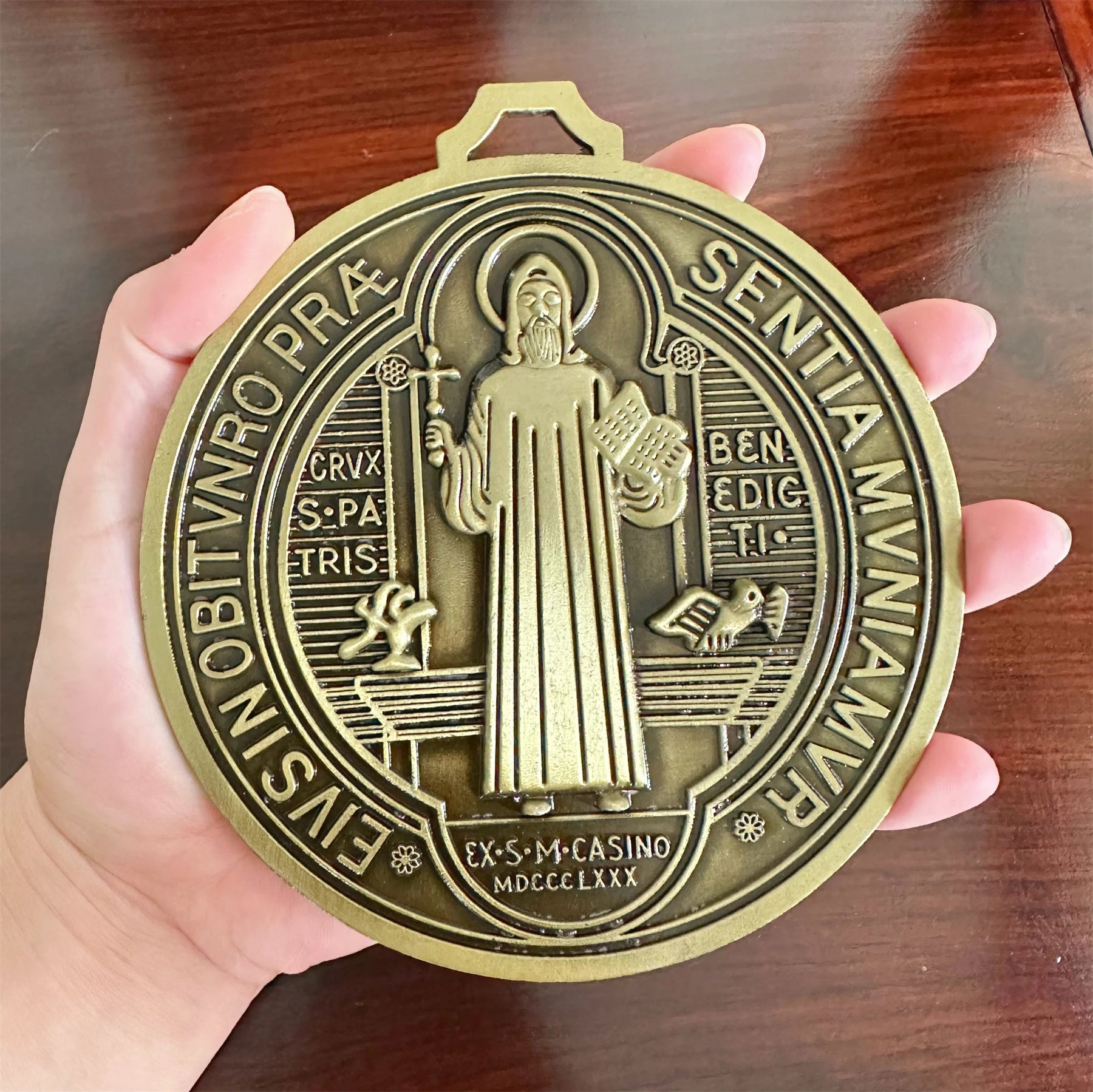 Extra-Large 5″ St. Benedict Cross Medal – Vintage Brass Tone Wall or Desk Display | Medalla de San Benito