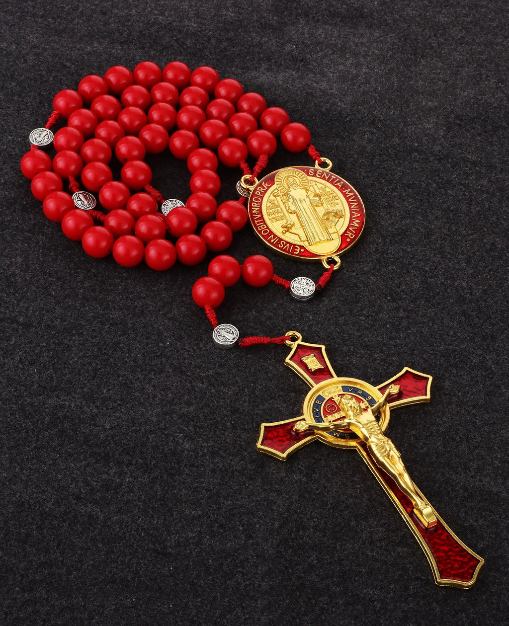 Saint Benedict Exorcism Crucifix Rosary Necklace – Large Cross with 33 Prayer Beads, Unisex Catholic Chaplet (6 Colors)