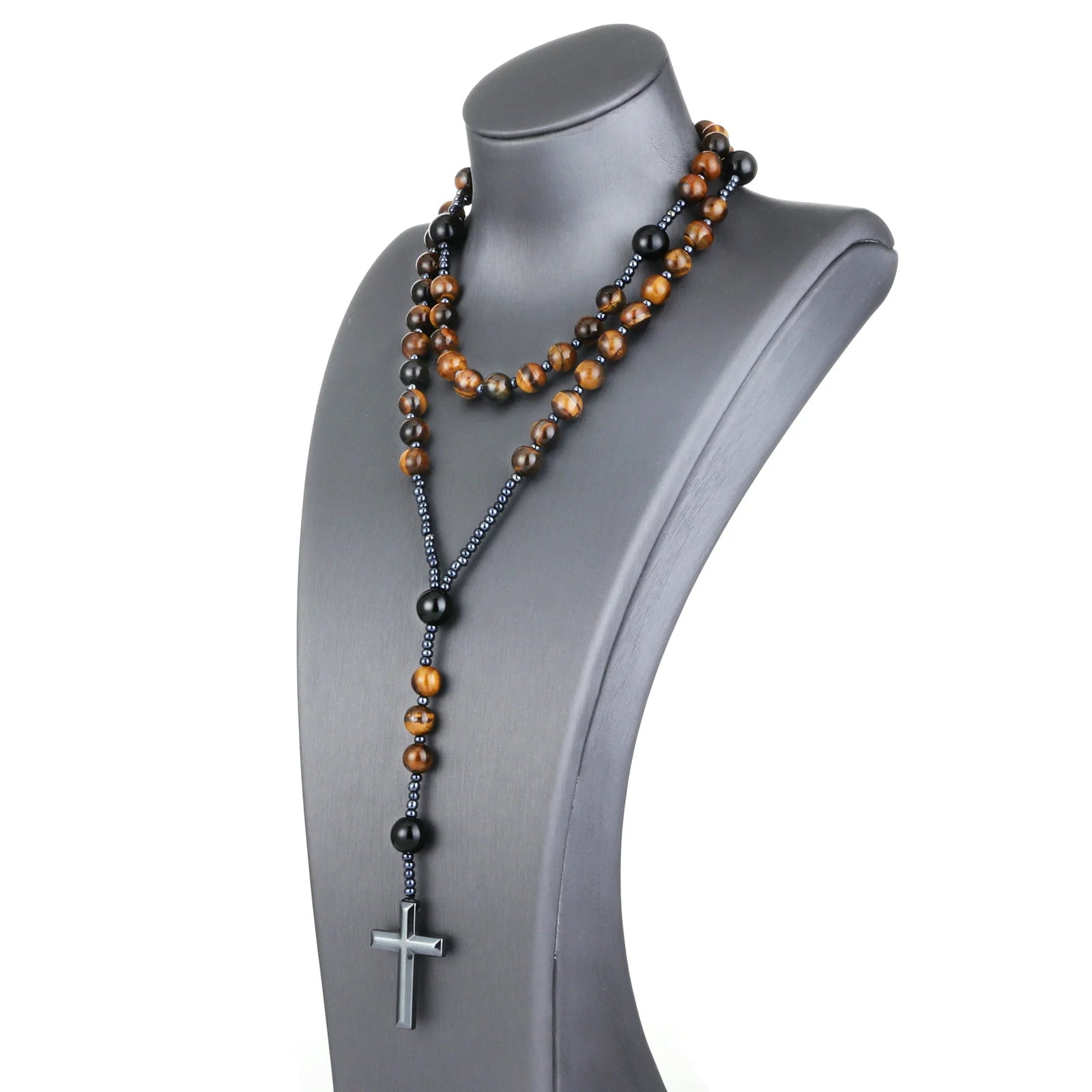 Catholic Tiger Eye & Black Agate Rosary Necklace with Hematite Cross – Natural Stone Prayer Beads, 70cm Unisex Devotional Jewelry