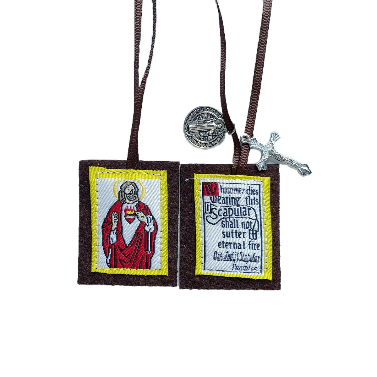12-Pack Brown Scapular of Our Lady of Mount Carmel with St. Benedict Medal & Crucifix