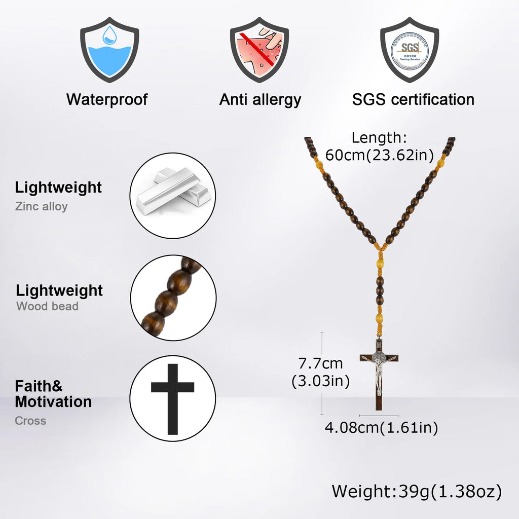 Catholic Wooden Rosary with St Benedict Crucifix – Brown Bead Prayer Necklace