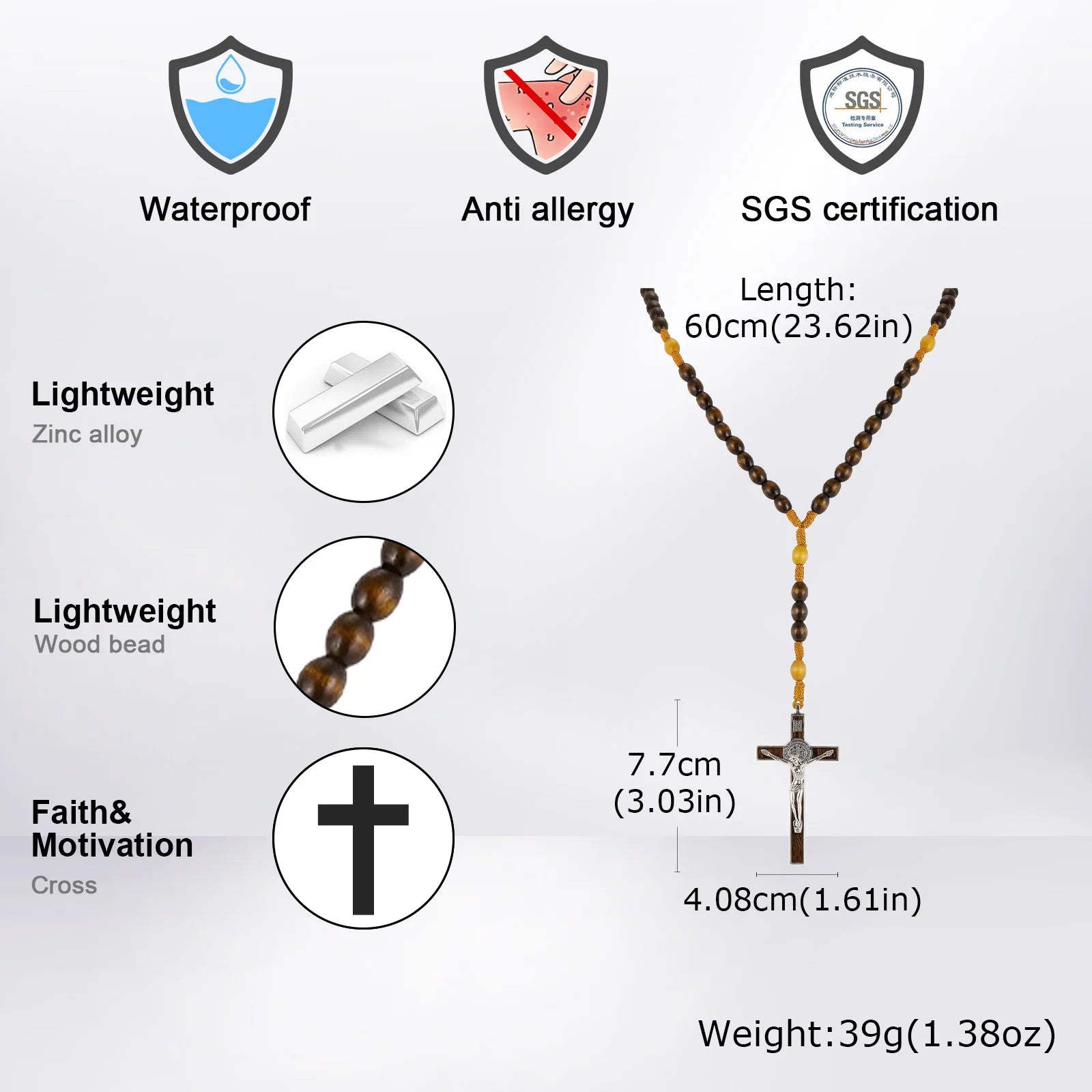 Catholic Wooden Rosary with St Benedict Crucifix – Brown Bead Prayer Necklace