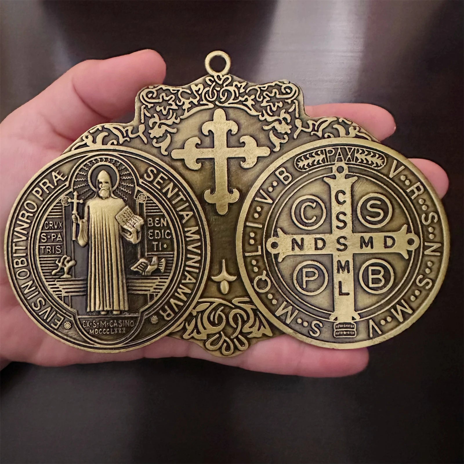 Extra Large St. Benedict Cross Medal – 5.7" x 4" Vintage Brass Tone | Wall or Desk Display | Medalla de San Benito