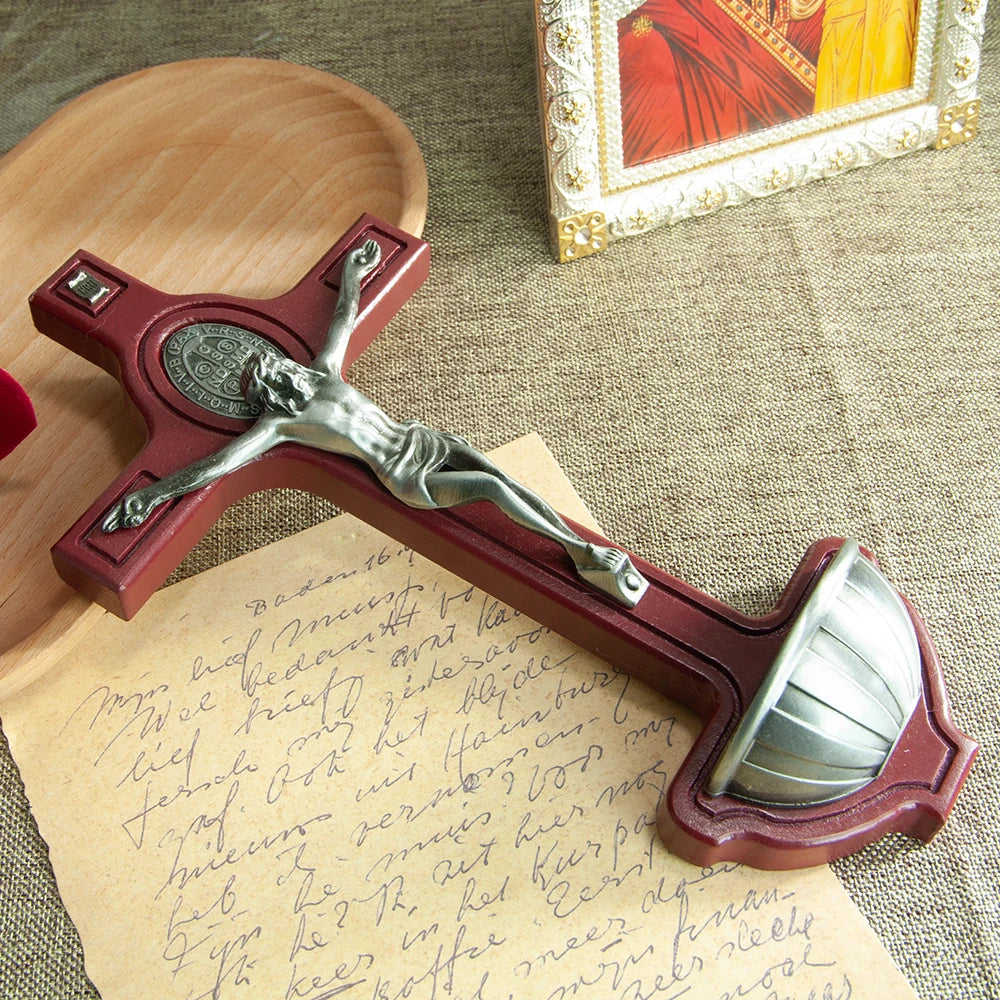 Wooden Catholic Crucifix with Holy Water Font – Jesus Cross for Home Blessing