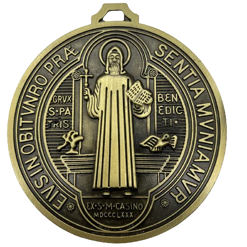 Extra-Large 5″ St. Benedict Cross Medal – Vintage Brass Tone Wall or Desk Display | Medalla de San Benito