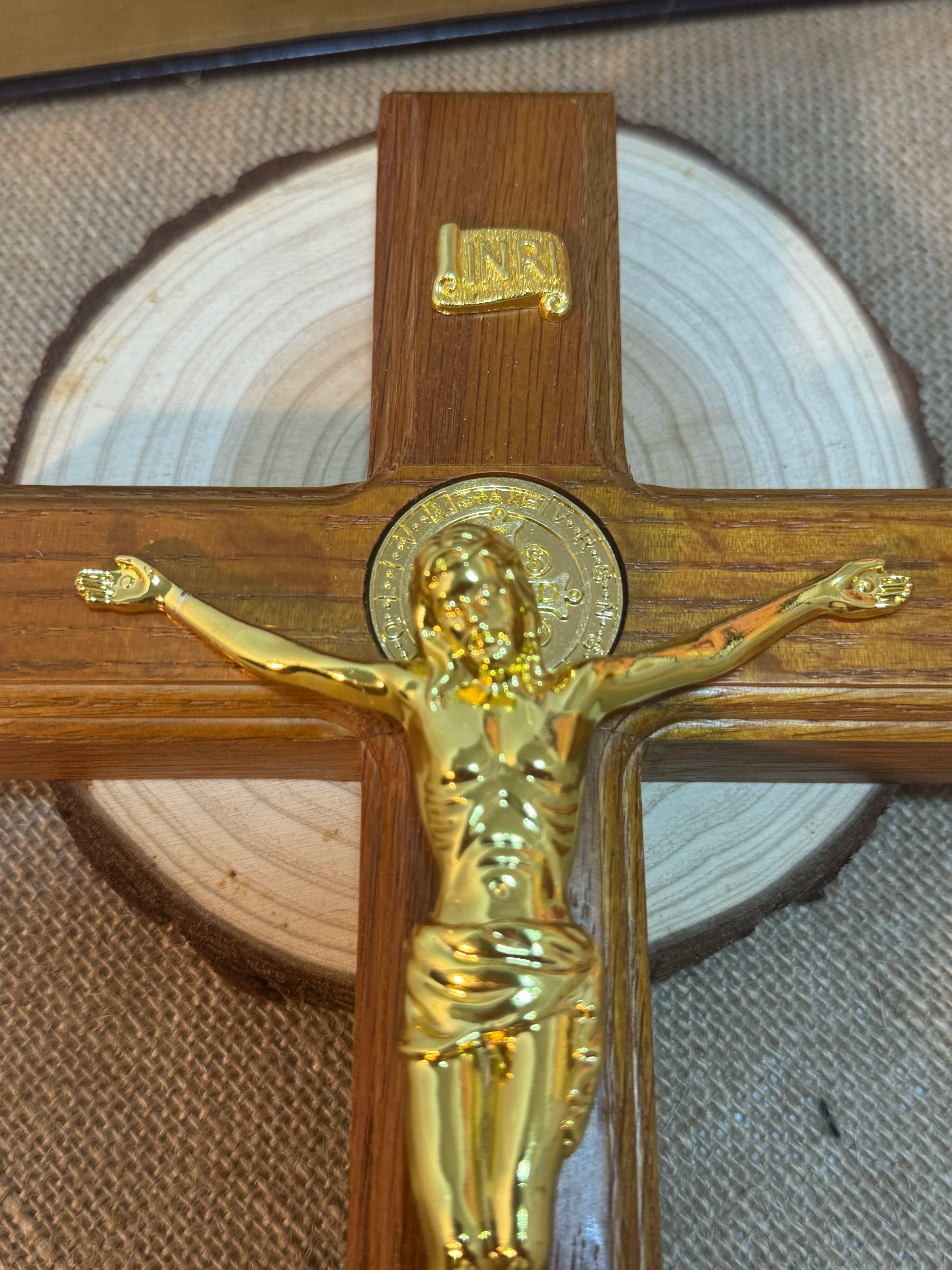 Standing Catholic Crucifix with Gold Jesus Corpus – Wooden Devotional Cross