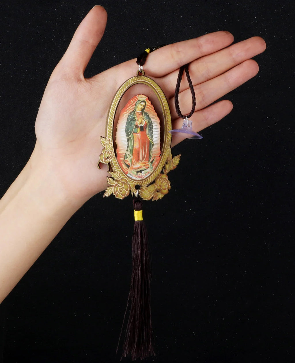 Our Lady of Guadalupe Wooden Pendant with Tassel – Christian Car Hanging Ornament, Keychain & Bag Accessory