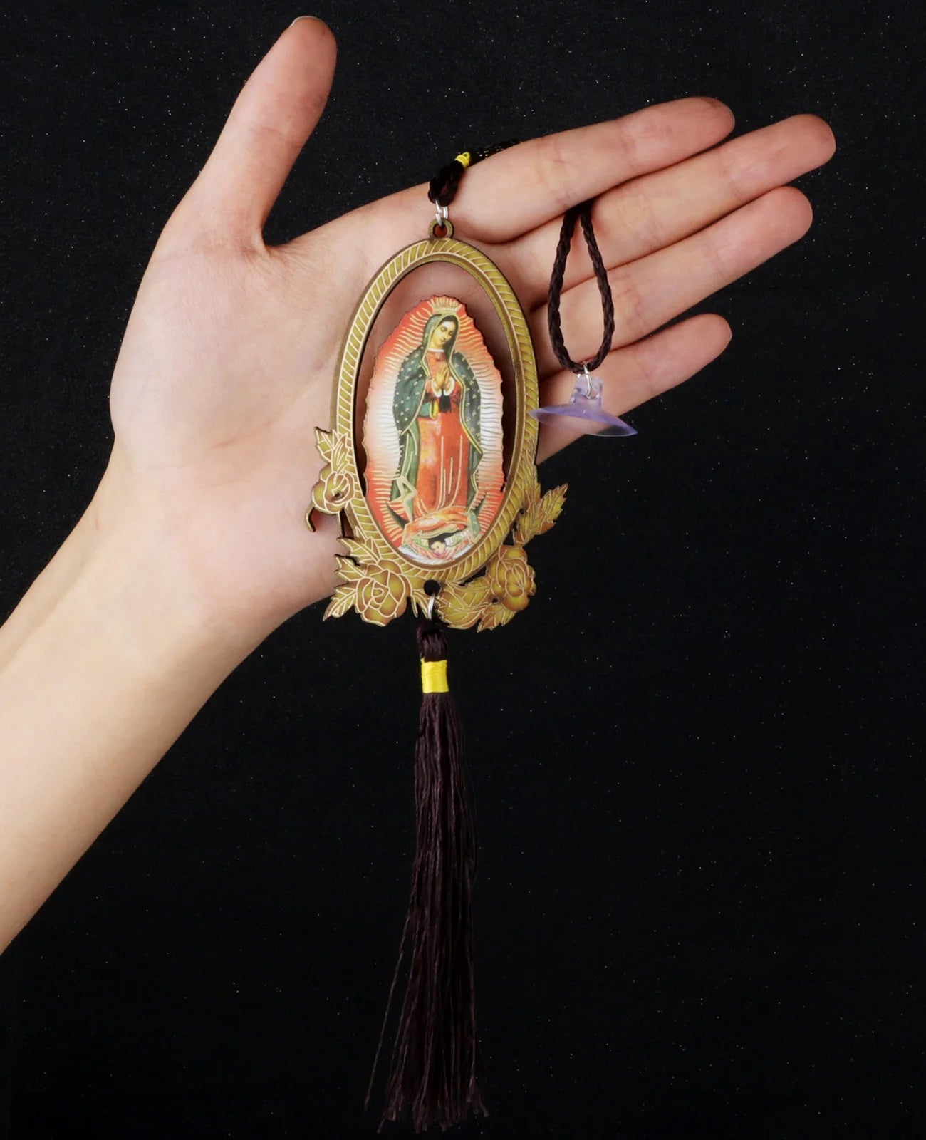 Our Lady of Guadalupe Wooden Pendant with Tassel – Christian Car Hanging Ornament, Keychain & Bag Accessory