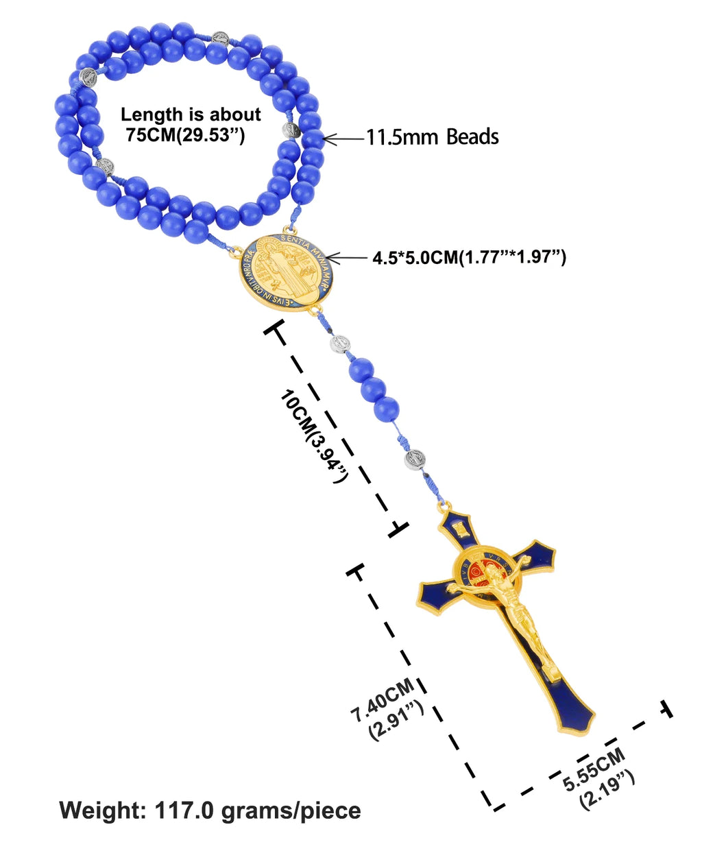 Saint Benedict Exorcism Crucifix Rosary Necklace – Large Cross with 33 Prayer Beads, Unisex Catholic Chaplet (6 Colors)