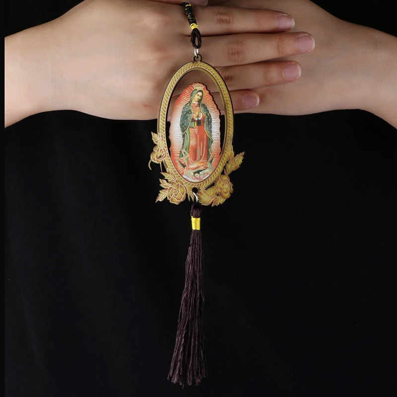 Our Lady of Guadalupe Wooden Pendant with Tassel – Christian Car Hanging Ornament, Keychain & Bag Accessory