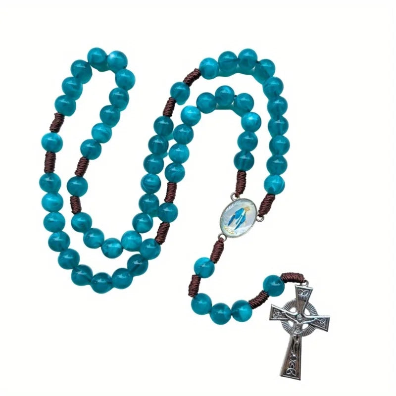Catholic Rosary Necklace – Blue Glass Beads with Crucifix Charm Prayer Beads