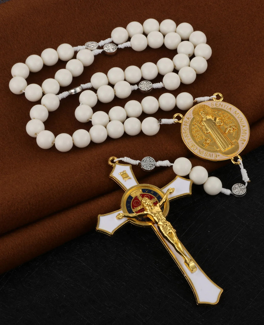 Saint Benedict Exorcism Crucifix Rosary Necklace – Large Cross with 33 Prayer Beads, Unisex Catholic Chaplet (6 Colors)