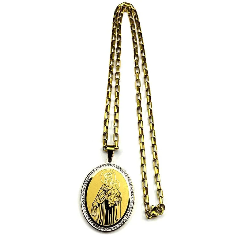 Our Lady of Mount Carmel Brown Scapular Medal – Gold–Silver Tone Stainless Steel Catholic Necklace for Men & Women
