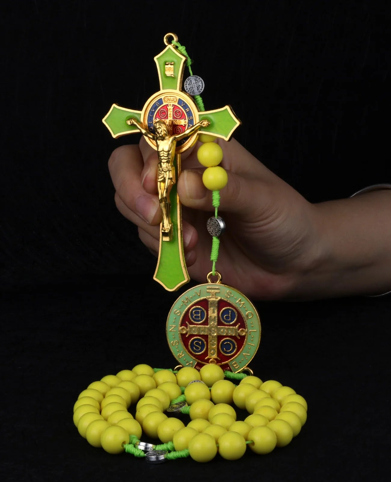 Saint Benedict Exorcism Crucifix Rosary Necklace – Large Cross with 33 Prayer Beads, Unisex Catholic Chaplet (6 Colors)