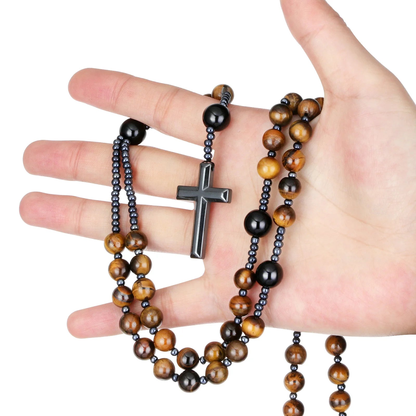 Catholic Tiger Eye & Black Agate Rosary Necklace with Hematite Cross – Natural Stone Prayer Beads, 70cm Unisex Devotional Jewelry